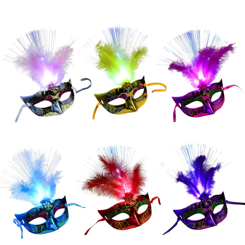 Women Venetian Ledfiber Mask Masquerade Fancy Dress Party Princess Feather Masks