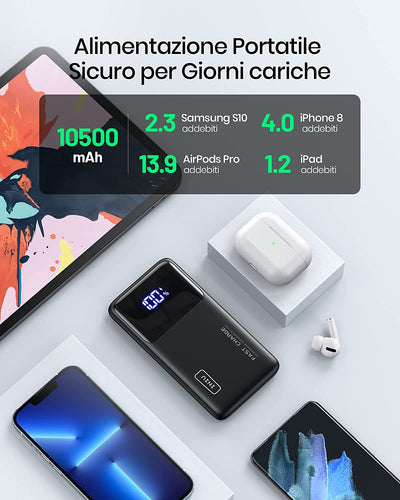 Power Bank, 22.5W Fast Charge Powerbank 10500Mah, Caricatore Portatile PD3.0 QC4.0 (USB C Input&Output) LED Display, Caricabatterie Portatile per Iphone 14 13 12 X Pro Samsung S21 Airpods Ipad.