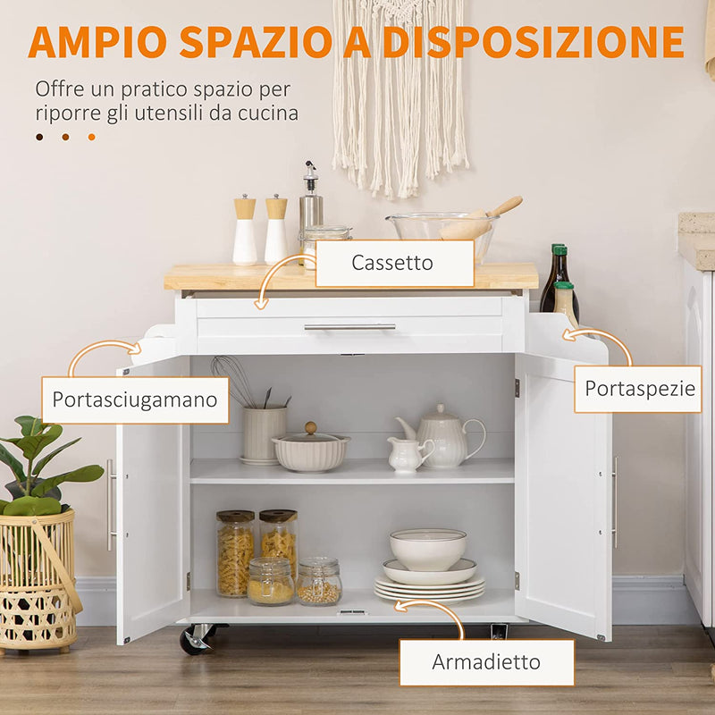 Carrello Da Cucina Con Cassetto, Portaspezie E Armadietto, 4 Ruote E Piano Di Lavoro in Legno, 109X40X89Cm, Bianco