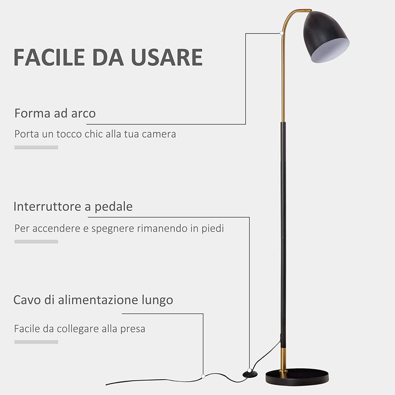 Lampada Da Terra Ad Arco Con Paralume Regolabile, Lampada Da Pavimento Moderna per Lampadine E27 40W, Metallo Nero E Oro, 43X28X160Cm