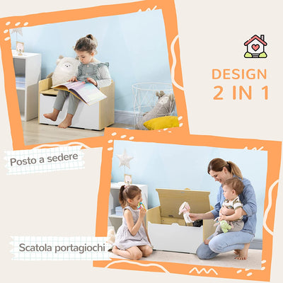 Panca Contenitore Portagiochi per Bambini in Legno E Schienale a Casetta, 62.5X34X61.5Cm, Bianco