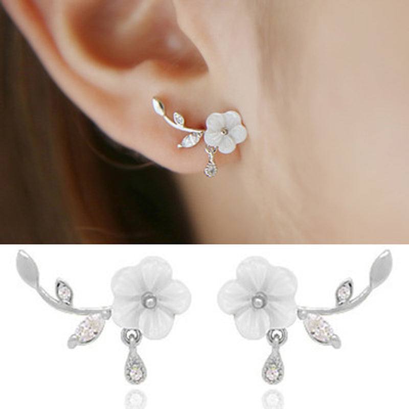 Korean Shell Earrings Classic Sterling Silver Needle Earrings Leaf White Flower Water Drop Temperament Earrings