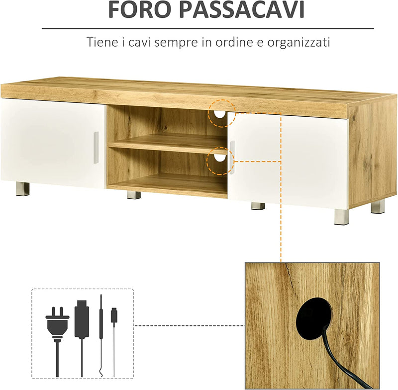 Mobile TV Con 2 Armadietti, 2 Fori Passacavi E 2 Ripiani in Legno MDF, Mobiletto Bianco per TV Fino 63", 140X40X41.5Cm