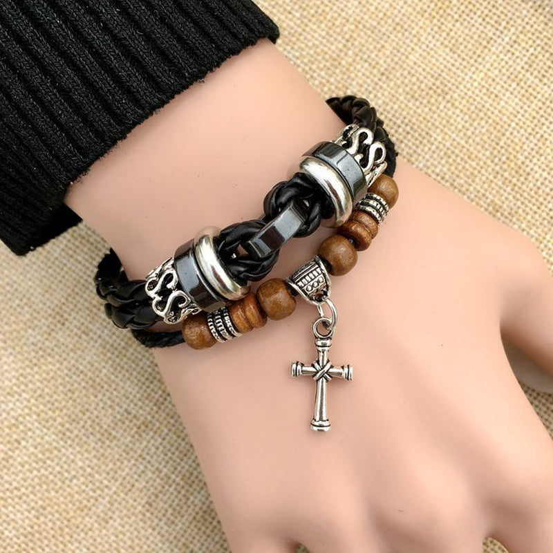 Cross Stud Braided Leather Bracelet