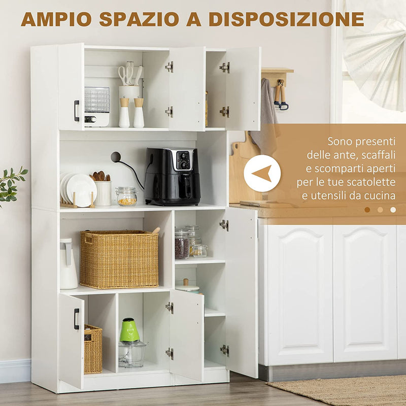 Mobile Dispensa Alto in Truciolato Con 6 Armadietti E 2 Ripiani Aperti, per Cucina, Sala Da Pranzo E Soggiorno 100X40X180 Cm, Bianco