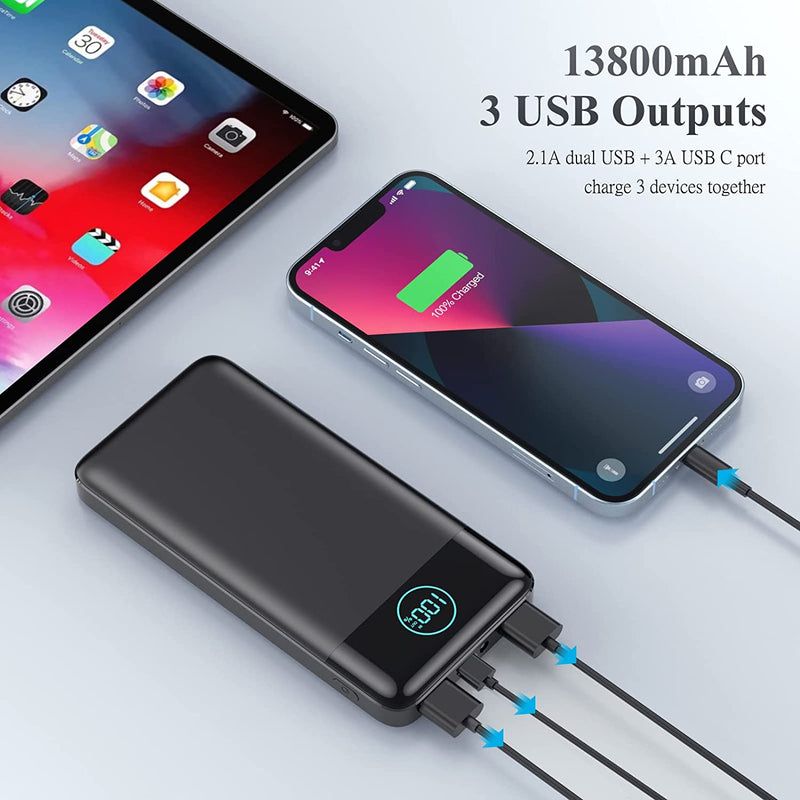 Power Bank 13800Mah,Ultra Sottile & Leggero Caricatore Portatile Con Display LCD,3A PD USB C Ingressi&Uscite Powerbank Con Torcia LED Batteria Esterna per Iphone Samsung Huawei Xiaomi Ecc-Nero