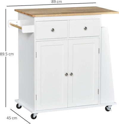 Carrello Da Cucina Portaspezie a 3 Livelli Con 4 Ruote Girevoli, Carrello Portavivande Con Armadietto in Legno, 89X45X89.5Cm, Bianco