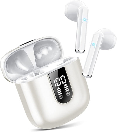 Cuffie Bluetooth, Auricolari Bluetooth 5.3 Con Stereo Hifi Immersivo, Cuffie Wireless Mini Incorporato 4 HD Mic, Cuffiette Bluetooth IP7 Impermeabili, Cuffie Senza Fili Con LED 30 Ore, Bianco(2023)