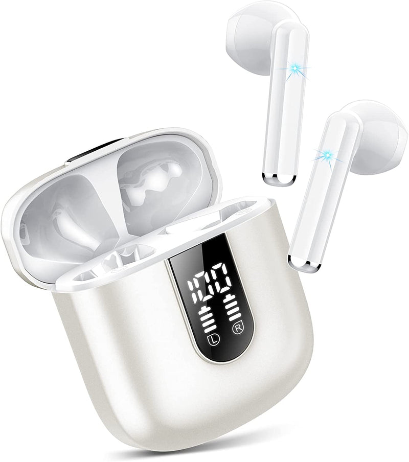 Cuffie Bluetooth, Auricolari Bluetooth 5.3 Con Stereo Hifi Immersivo, Cuffie Wireless Mini Incorporato 4 HD Mic, Cuffiette Bluetooth IP7 Impermeabili, Cuffie Senza Fili Con LED 30 Ore, Bianco(2023)