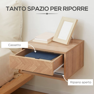 Set 2 Comodini Moderni Sospesi Con Cassetto E Mensola in Legno per Camera Da Letto 37X32X21Cm, Naturale