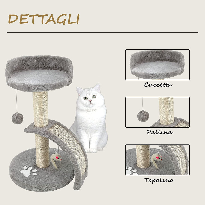 TIRAGRAFFI per Gatti Alto 54 CM. GRAFFIATOIO Parco Giochi Gioco Da Gatto Con Corda SISAL E Cuccia Albero GRAFFIO Palestra - Grigio