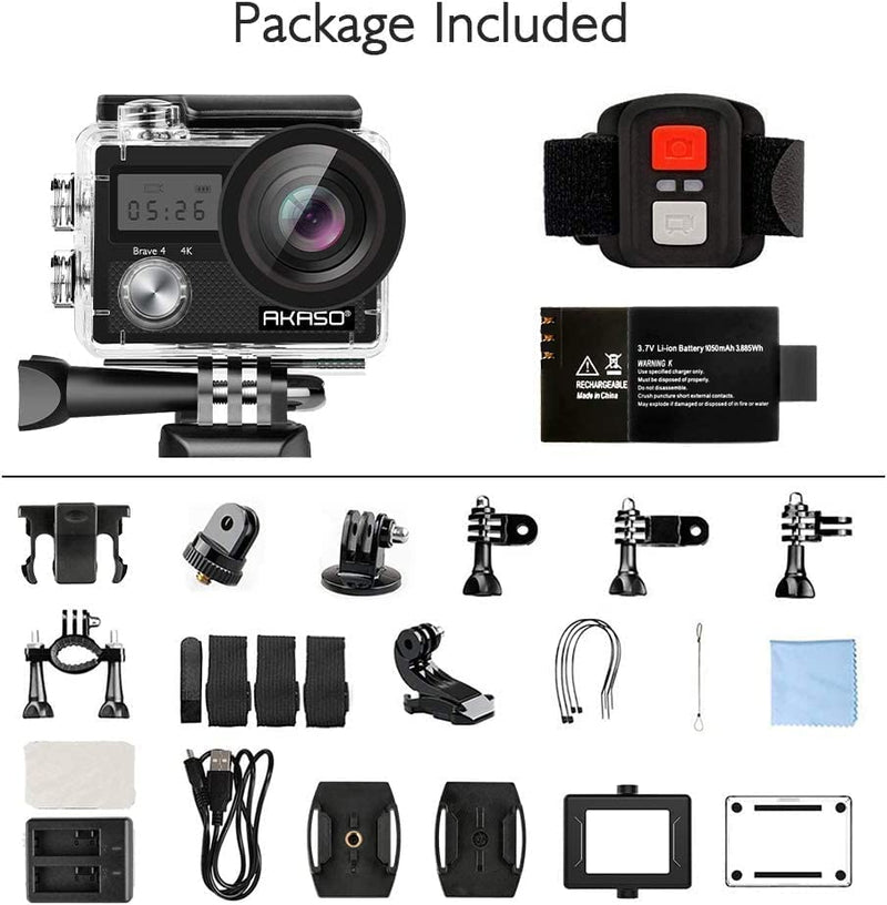 Brave 4 Action Cam - Fotocamera Subacquea 4K 20MP Con Stabilizzatore EIS, Zoom 5X E Telecomando 2.4G, Videocamera Subacquea Impermeabile Con Kit Di Accessori E 2 Batterie