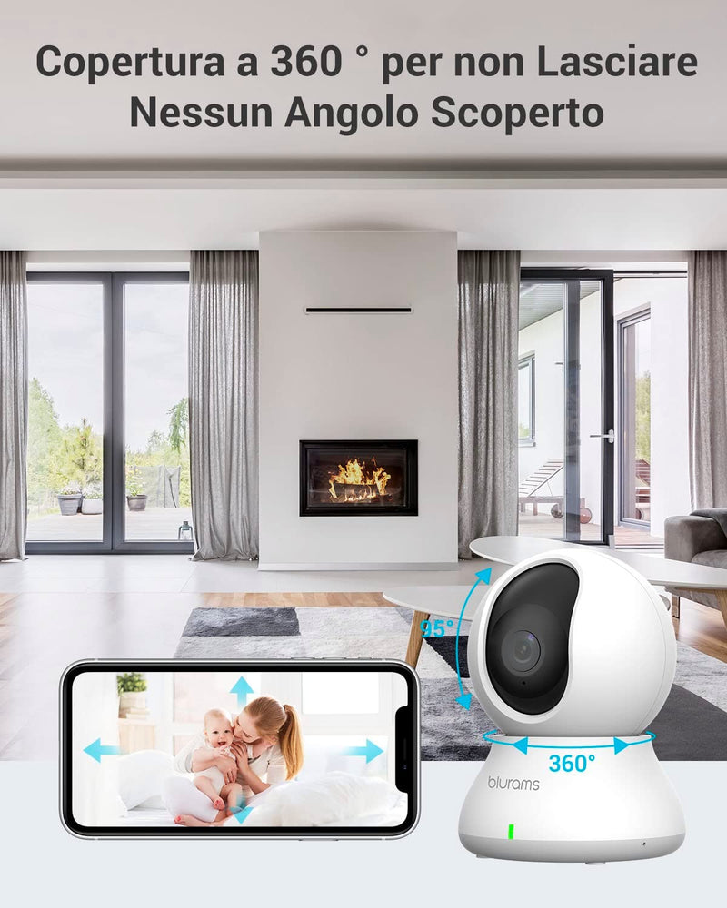 Telecamera Wi-Fi Interno,2K Videocamera Sorveglianza,Rotazione a 360°,Visione Notturna, Tracciamento Del Movimento,Audio Bidirezionale Compatibile Con Alexa&Google Assistant&Ifttt