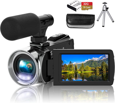 Videocamera, 4K, 36 MP, per Fotocamera Digitale Youtube 30 FPS, Schermo IPS Girevole a 270°, Con Zoom Digitale 18X, Treppiede, 32G SD & Batterie