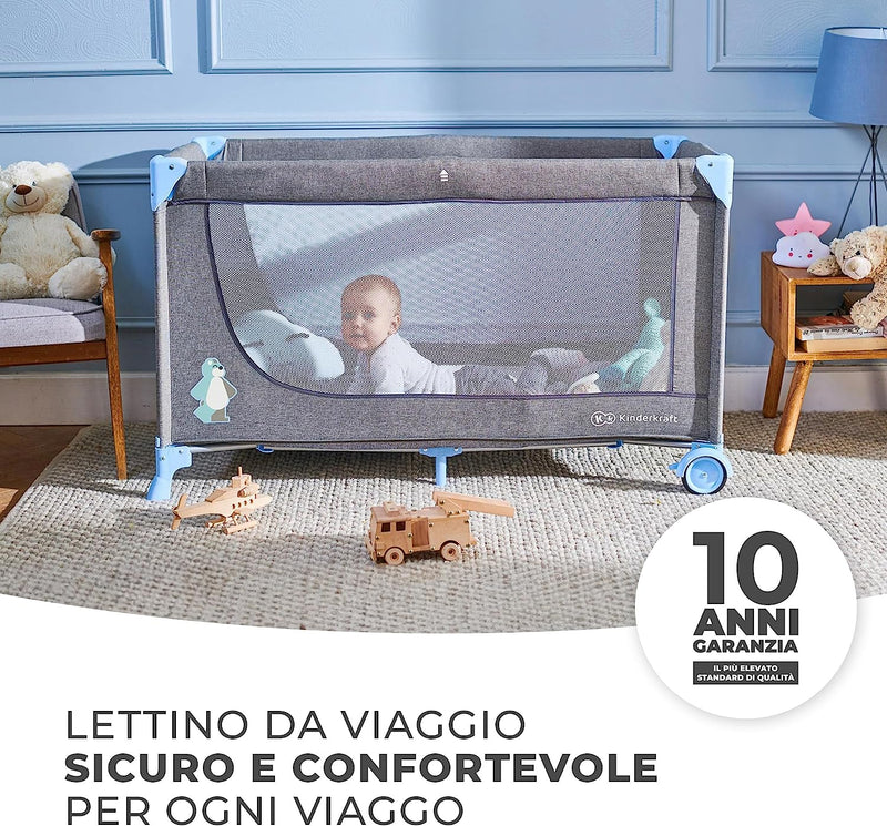 Kinderkraft Lettino Campeggio JOY, Culla Da Viaggio, Pieghevole, Ruote, Borsa Trasporto, per Bambini 0-25 Kg, Blu