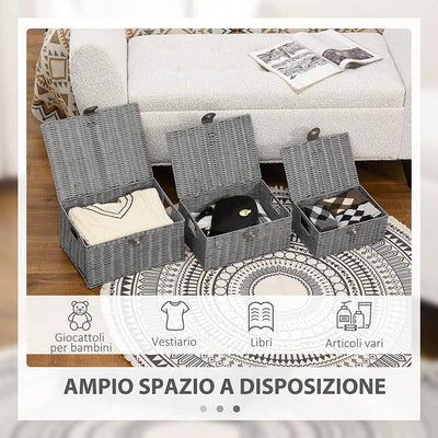 Set Di 3 Cesti in Vimini PP Con Coperchio, Contenitori Rettangolari Di Diverse Dimensioni, Grigio