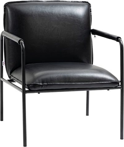 Poltroncina Da Camera in Finta Pelle PU E Acciaio, Poltrona Imbottita in Stile Industriale per Salotto E Ufficio, 60X59X78Cm, Nero