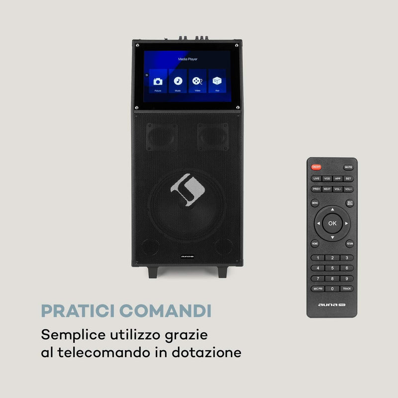 Pro KTV - Cassa Karaoke, Con 2 Microfoni UHF Senza Fili, Display Touch, Wifi, Bluetooth, 2X Porte USB, SD & Micro-Sd, HDMI, AUX, Batteria, Presa Trolley, Eco, Telecomando, 2 Prese Di Trasporto