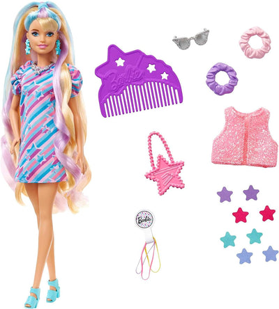 - Super Chioma Bambola Con Abito a Stelle, Capelli Fantasia Lunghi 21,6Cm, 15 Accessori Alla Moda - 8 Con Effetto Cambia Colore, Giocattolo per Bambini 3+ Anni, HCM88