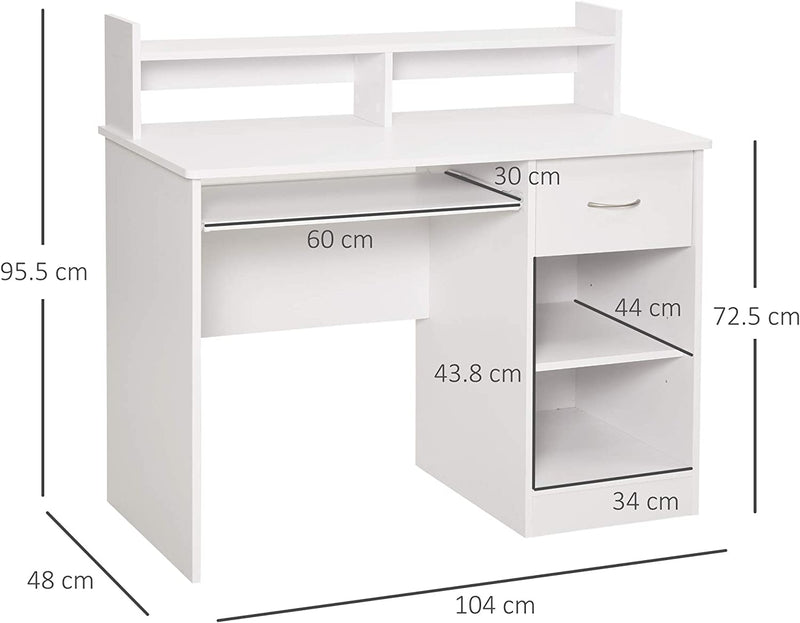 Scrivania Compatta per Computer Fisso PC in Legno Bianco Con Ripiano Tastiera Estraibile E Mensole 104X48X95.5Cm