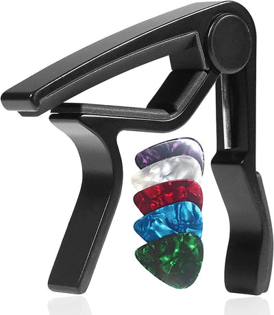 Professional Capotasto Chitarra Alloy Capo per Chitarra Acustica Elettrica Bass Ukulele Con 5 Plettri-Nero.