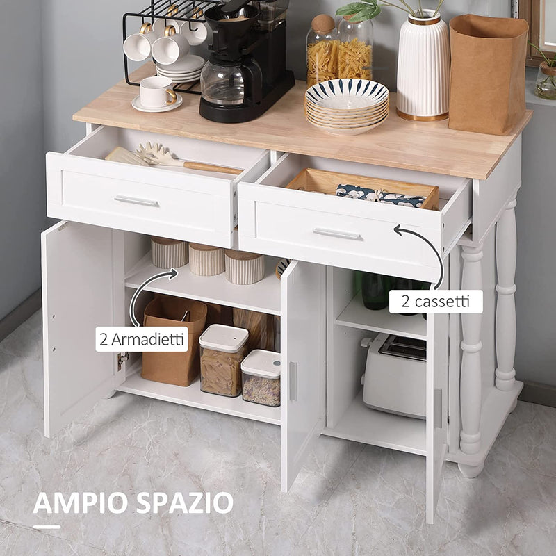 Isola per Cucina in MDF E Legno Di Pino Con 2 Cassetti, 2 Armadietti E Ripiani Interni Regolabili in 3 Posizioni, 106X39.5X89.5 Cm, Bianco