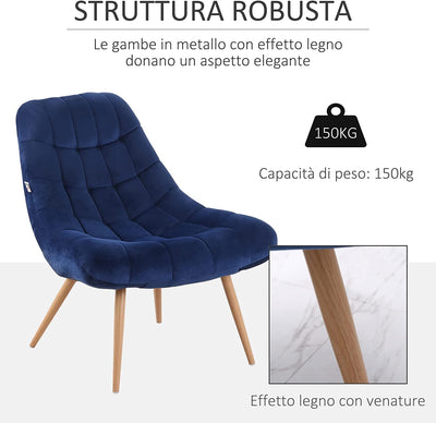 Poltrona Moderna E Imbottita, Poltroncina Da Camera Con Seduta Extra Large in Tessuto Blu, 71X85X84Cm