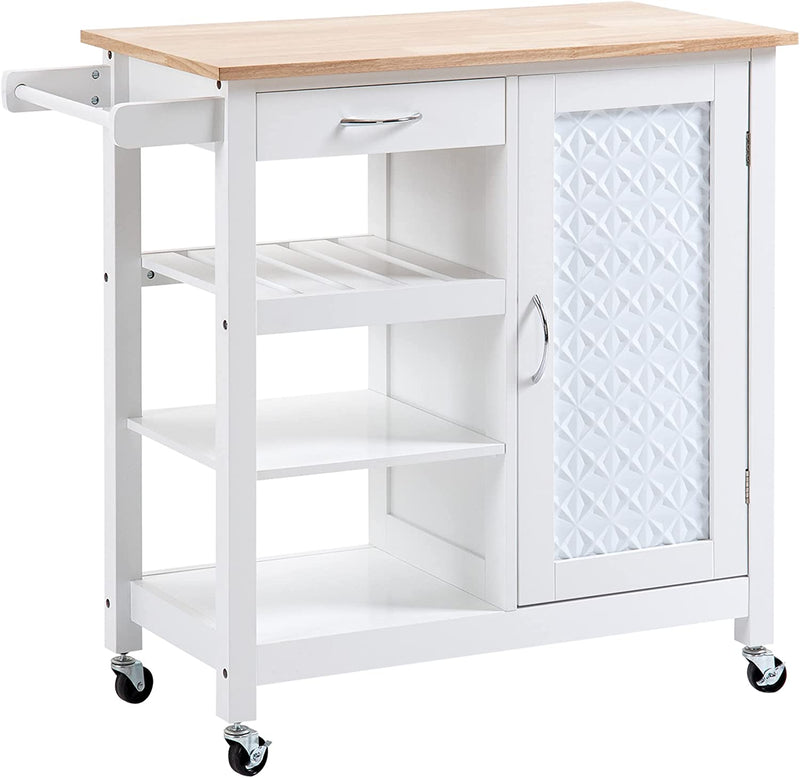 Carrello Da Cucina a 4 Ruote Con 1 Cassetto, 1 Armadietto, 1 Ripiano Aperto a 3 Livelli E 1 Portasciugamani, in MDF E Acciaio, 92X40X84 Cm, Bianco