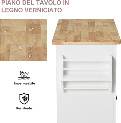 Carrello Da Cucina Portavivande Con Cassetti, Armadietti, Portaspezie E 4 Ruote, Legno, 111X44.5X82.5Cm, Bianco