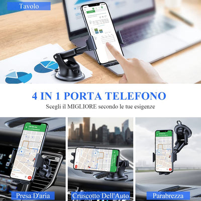 4 in 1 Supporto Telefono Auto, [Stabile & Multifunzionale], Porta Cellulare Auto Universale a Braccio Lungo per Cruscotto, Parabrezza E Presa D'Aria, Compatibile Tutti I Telefoni Da 4-7"