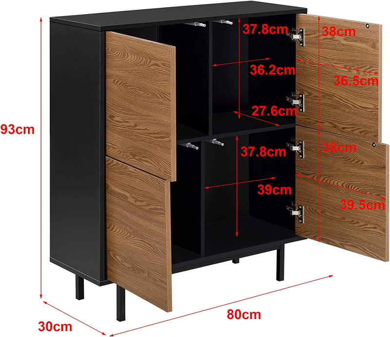 Mobile per Soggiorno/Ingresso/Ufficio, Comò (Axlaxp) 93X80X30 Cm Armadietto a 4 Ante Con Apertura a Pressione Push-To-Open, Mobile a Terra Con Gambe in Metallo - Nero/Effetto Legno Scuro