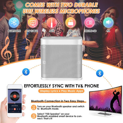 Bluetooth Sistema Di Karaoke, Sistema Di Altoparlanti PA Con 2 Microfoni Wireless, Altoparlante Karaoke Macchina Con USB, per Riunioni, Picnic(D'Argento)