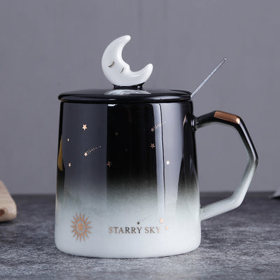 Starry Sky Mug with Lid Spoon Personality Trendy Ceramic Water Cup