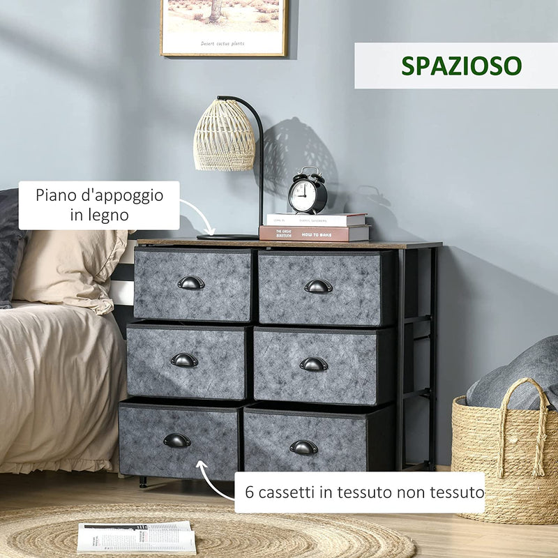 Cassettiera Con 6 Cassetti in Tessuto, Mobile Multiuso Stile Industriale in Acciaio, 80X30X70Cm, Marrone E Grigio