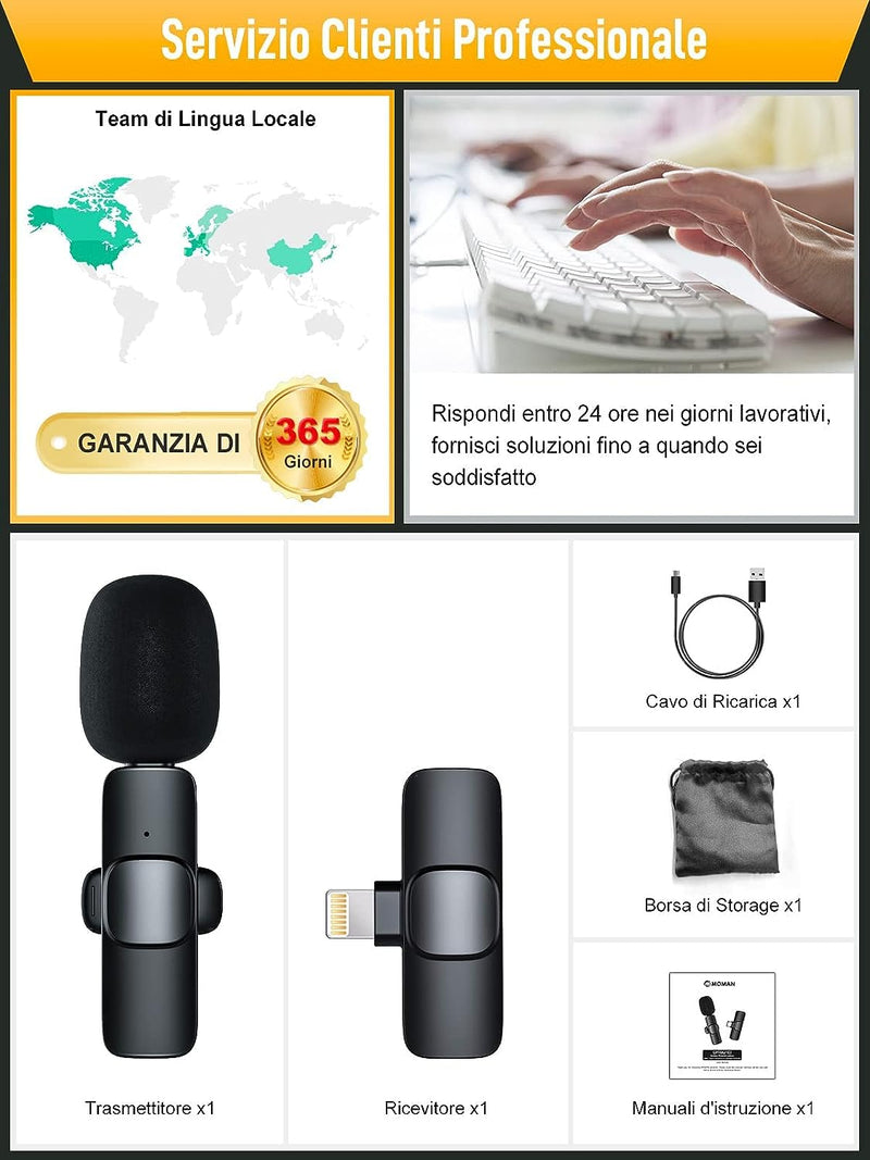 Microfono Wireless Iphone, CP1(A) 2,4 Ghz Microphone Con Interfaccia Lightning per Iphones, Ipad per Youtube, Live Stream, Vlogging, Intervista, Microfono-Lavalier-Wireless-Ipad-Iphone 13/12/11