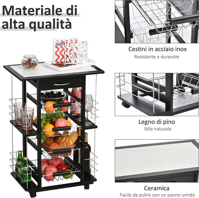 Carrello Da Cucina Salvaspazio Con 1 Cassetto, 4 Cesti Estraibili, 4 Ripiani, Legno Di Pino E Metallo, 57X37X83Cm