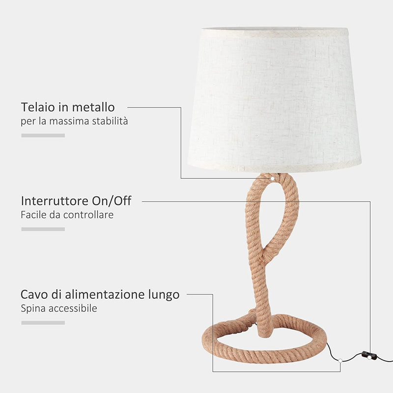 Lampada Da Tavolo Stile Marinaro in Corda E Tessuto, Attacco E27, Abat Jour per Casa E Ufficio, Ф30X56Cm