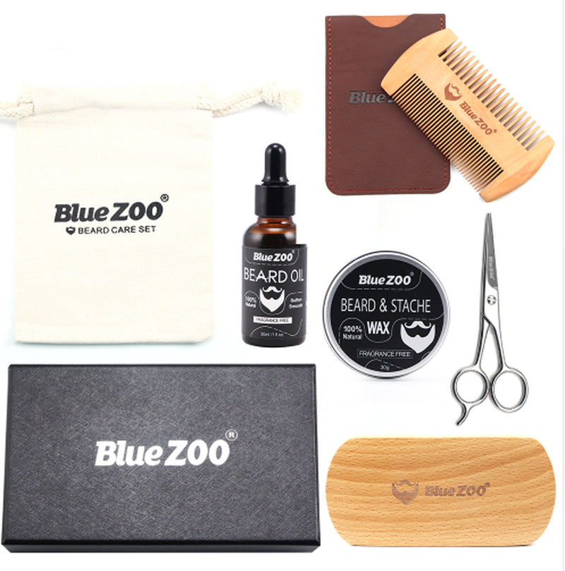 Black Bluezoo Beard Set Beard Oil Beard Wax Double Side Comb Brush Bag Small Scissors 7 Piece Set