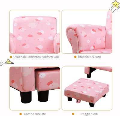 Poltroncina per Bambini Con Poggiapiedi Estraibile, Struttura in Legno Con Imbottitura, 57X42X45Cm, Rosa E Bianco