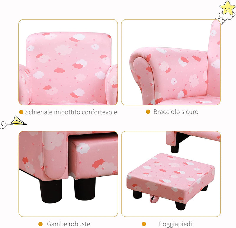 Poltroncina per Bambini Con Poggiapiedi Estraibile, Struttura in Legno Con Imbottitura, 57X42X45Cm, Rosa E Bianco