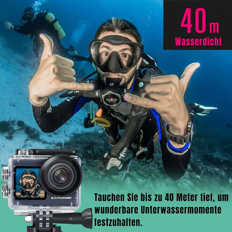 Action Cam, 20MP Action Cam 4K Con Touch Screen, Stabilizzatore EIS, Impermeabile Fino a 40M Sotto L&