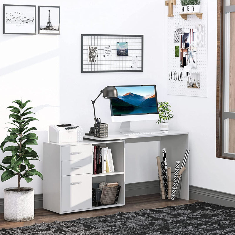 Scrivania Angolare per Computer Da Ufficio Con Cassettiera 117×83.5×76Cm Bianco