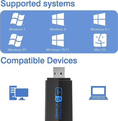 USB Wifi Dongle, 5Dbi Dual Band 5Ghz USB Wifi Computer,1300Mbps USB WI-FI Adapter,Support Windows 11/10/8/7/Vista/Xp, Mac OS