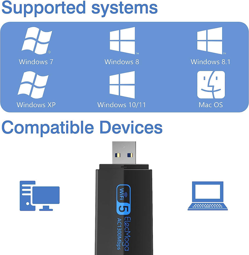 USB Wifi Dongle, 5Dbi Dual Band 5Ghz USB Wifi Computer,1300Mbps USB WI-FI Adapter,Support Windows 11/10/8/7/Vista/Xp, Mac OS