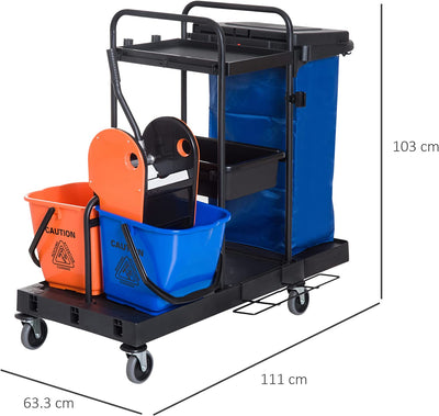 Carrello Delle Pulizie per Hotel E Albergo, Professionale E Multiuso Con 2 Secchi, Ruote, Borsa Di Tela E Strizzatore, 111×63.3×103 Cm