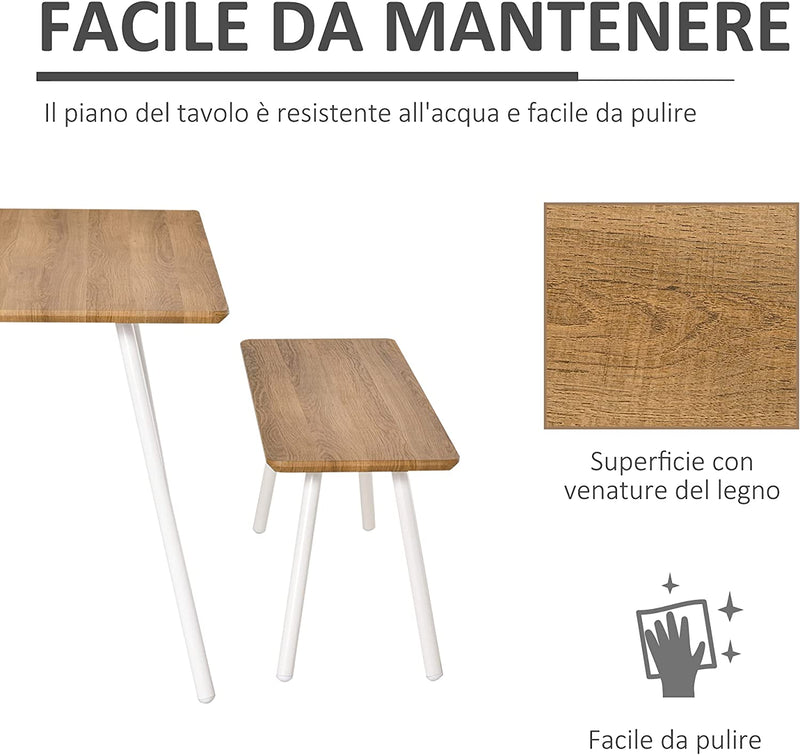 Set Tavolo Da Pranzo Con 2 Panche in Stile Nordico per Soggiorno, Salotto E Cucina, in MDF E Metallo, Bianco