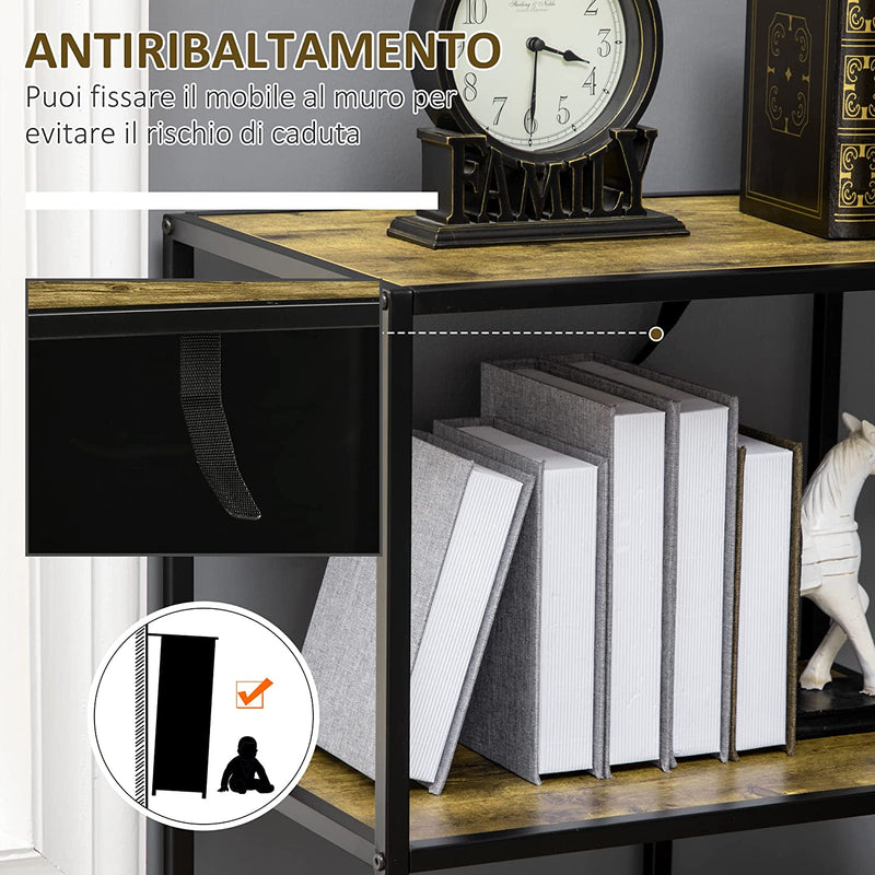 Libreria Moderna Stile Industriale a 4 Ripiani, Scaffale in Legno E Metallo per Salotto E Ufficio, 77X33X114Cm, Marrone