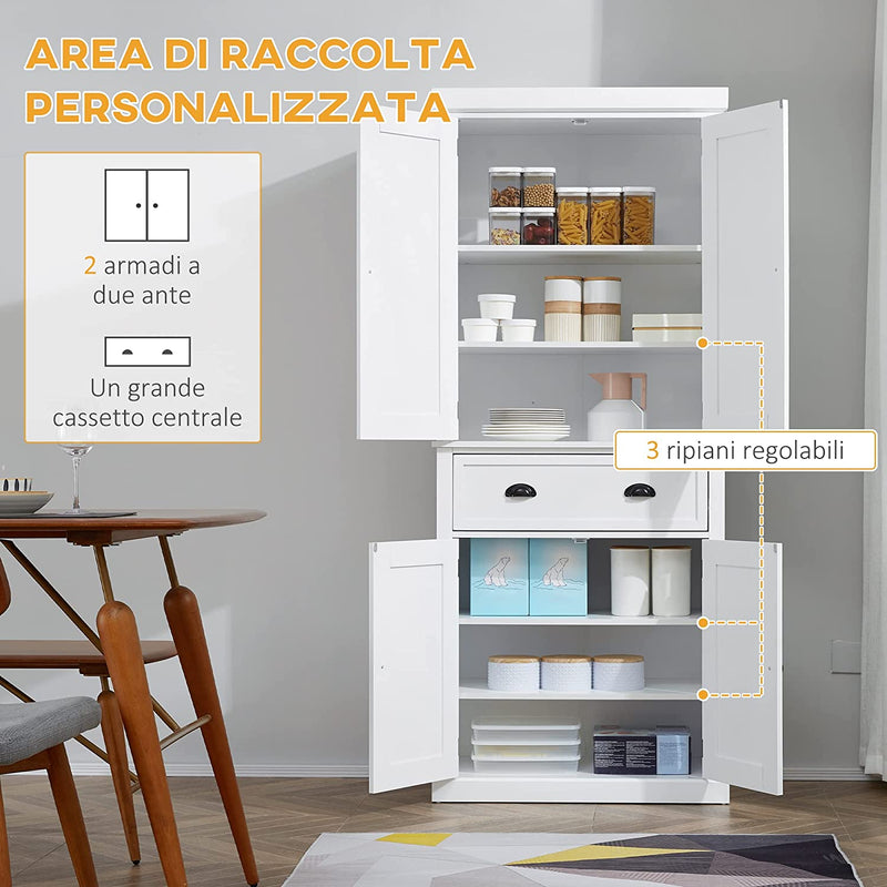 Mobile Cucina Con Armadietto Superiore E Inferiore E Cassetto Centrale in MDF, Truciolato E Metallo, 76X40.5X184Cm, Bianco