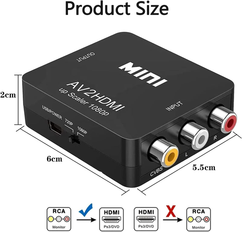 Adattatore HDMI, RCA to HDMI, Adattatore WII HDMI, Adattatore RCA HDMI, Convertitore RCA HDMI Audio 720 1080P Supporta PAL/NTSC Con USB Cavo per Pc/Wii/N64/Tv/Ps3/Blu-Ray DVD