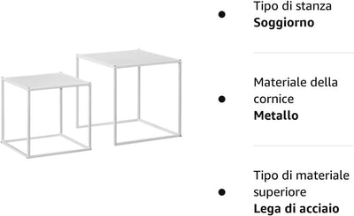 Set 2 Tavolini Da Caffè Impilabili Quadrati, Tavolini Da Salotto E Soggiorno in Acciaio, Bianco